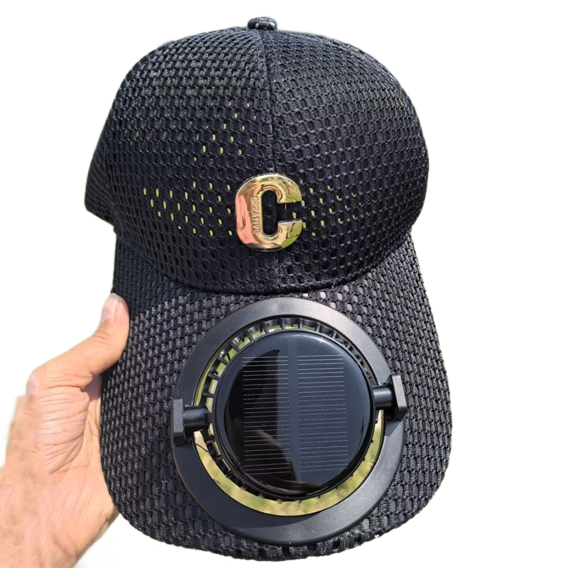 Black Solar Powered Fan Hat - Breathable Mesh Cap with USB Rechargeable