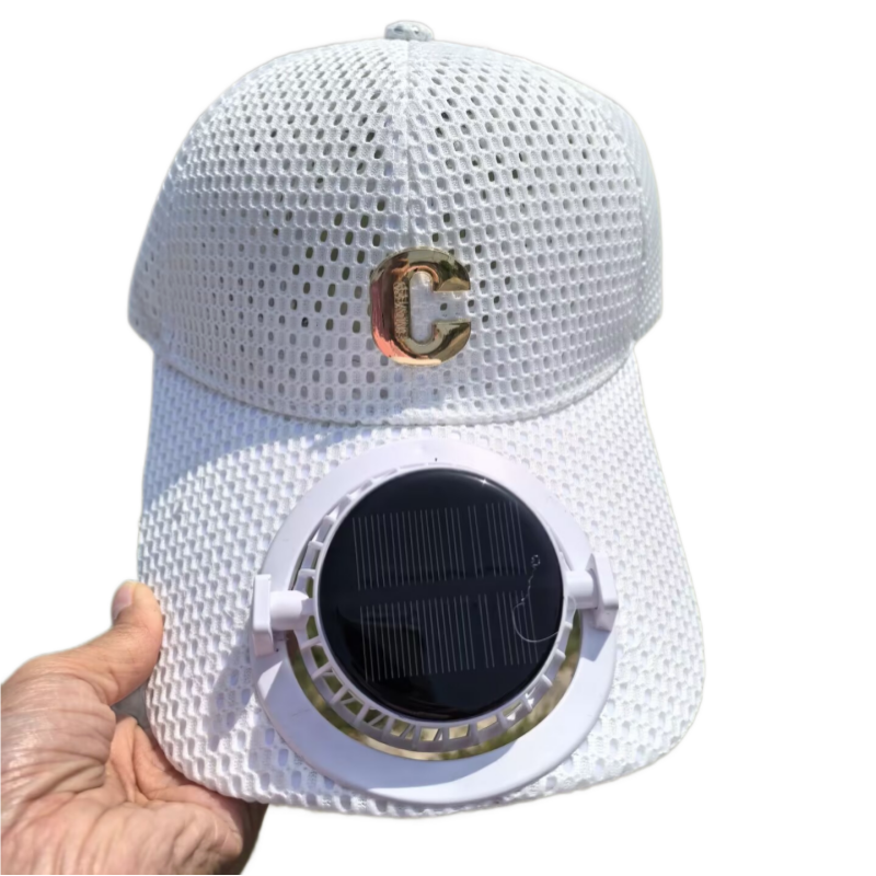 White Solar Powered Fan Hat - Breathable Mesh Cap with USB Rechargeable