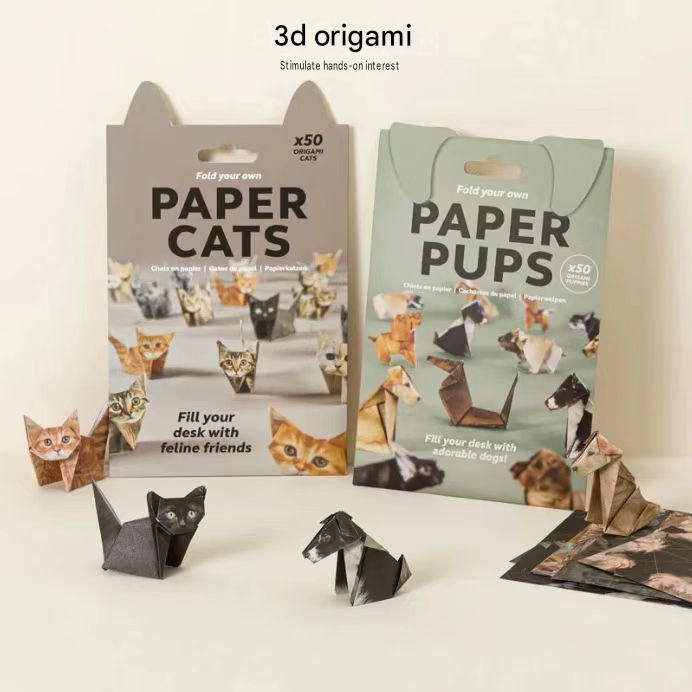2 Pack Cat and Dog pattern DIY 3D Paper animal Origami Kit - Sheets Foldable view 2