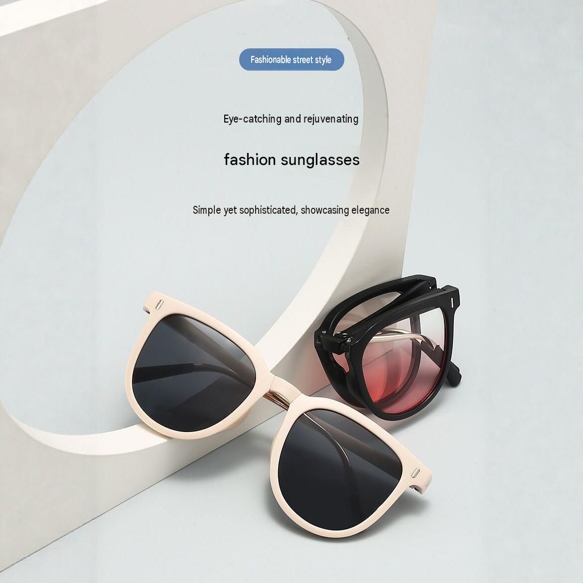 Beige Foldable Sunglasses for Women - Protection Fashion Square Round Frame view 2