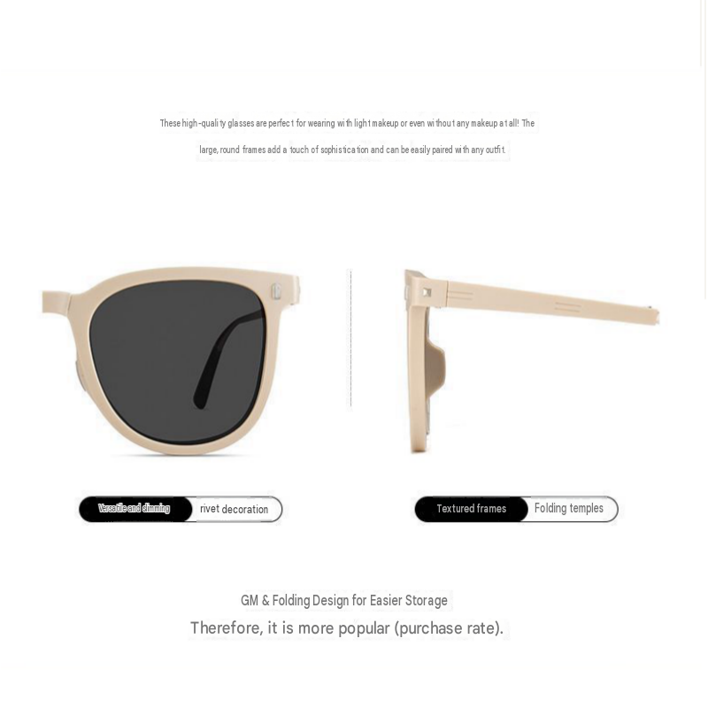 Beige Foldable Sunglasses for Women - Protection Fashion Square Round Frame view 3