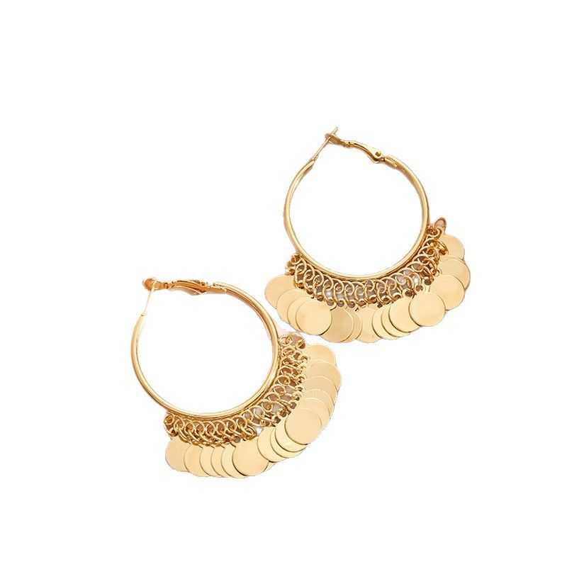 2 pairs Gold Coin Tassel Hoop Earrings - 6cm Statement Dangle Earrings with