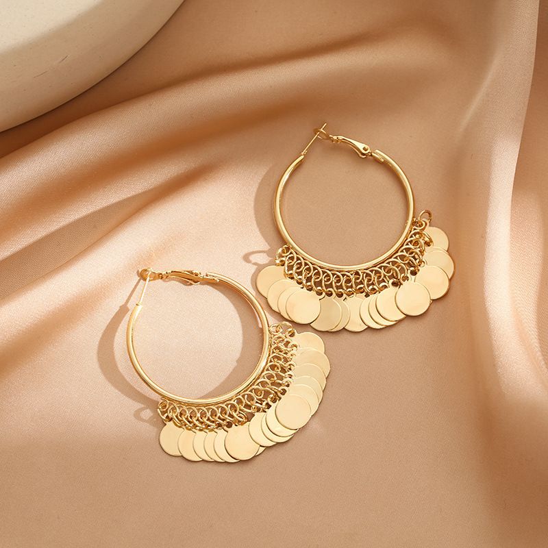2 pairs Gold Coin Tassel Hoop Earrings - 6cm Statement Dangle Earrings with view 2