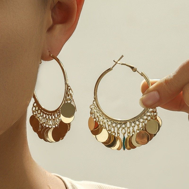 2 pairs Gold Coin Tassel Hoop Earrings - 6cm Statement Dangle Earrings with view 3