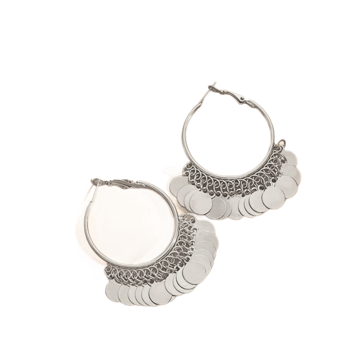 2 pairs Silver Coin Tassel Hoop Earrings - 6cm Statement Dangle Earrings with