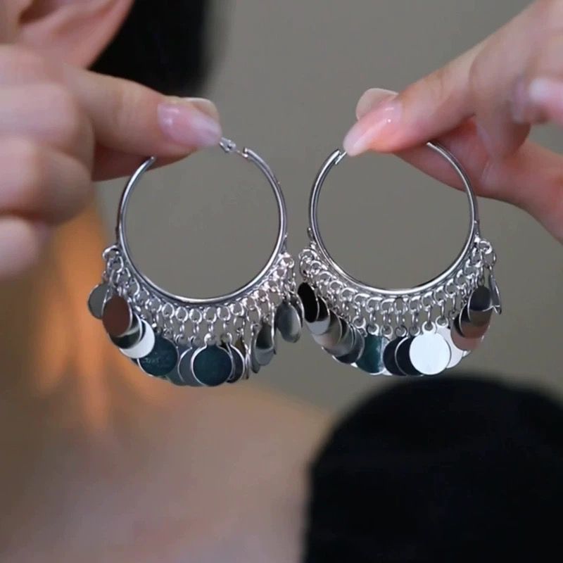 2 pairs Silver Coin Tassel Hoop Earrings - 6cm Statement Dangle Earrings with view 3