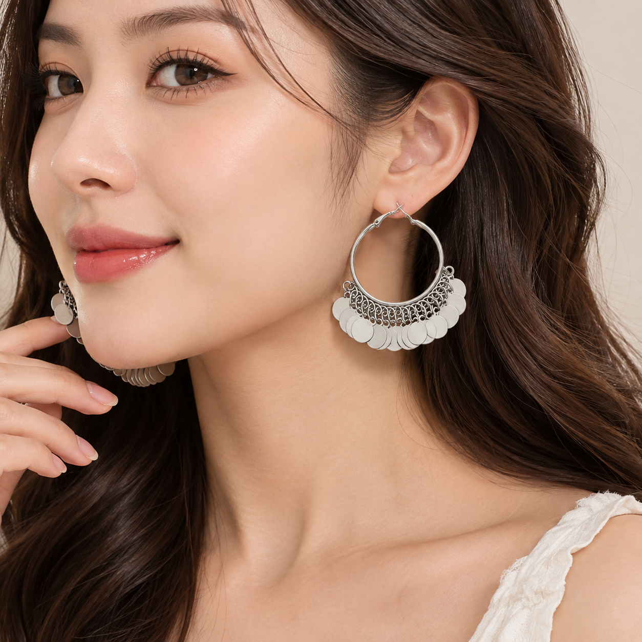 2 pairs Silver Coin Tassel Hoop Earrings - 6cm Statement Dangle Earrings with view 4