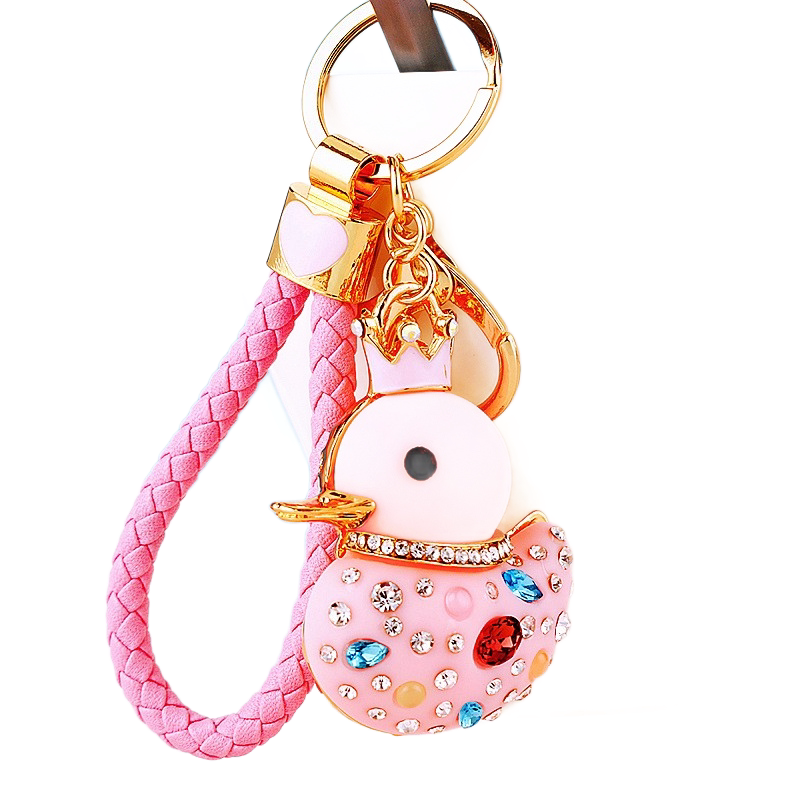 Pink Rhinestone Duck Keychain with Crown - Cute Resin Duck Bag Charm and Car