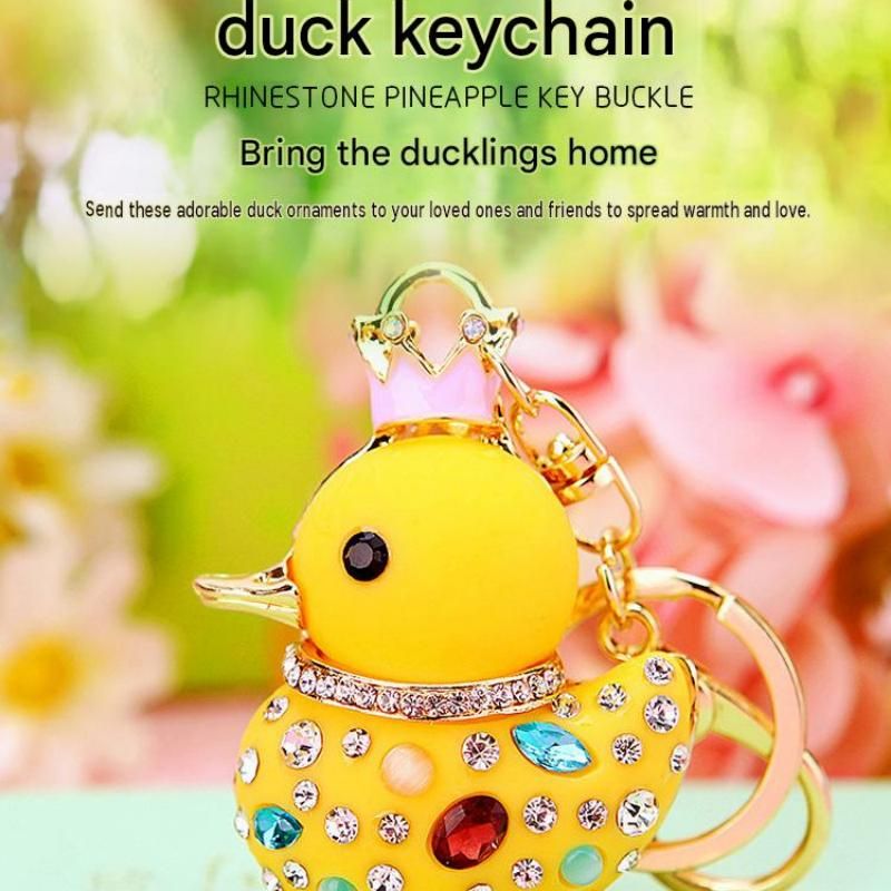 Pink Rhinestone Duck Keychain with Crown - Cute Resin Duck Bag Charm and Car view 2