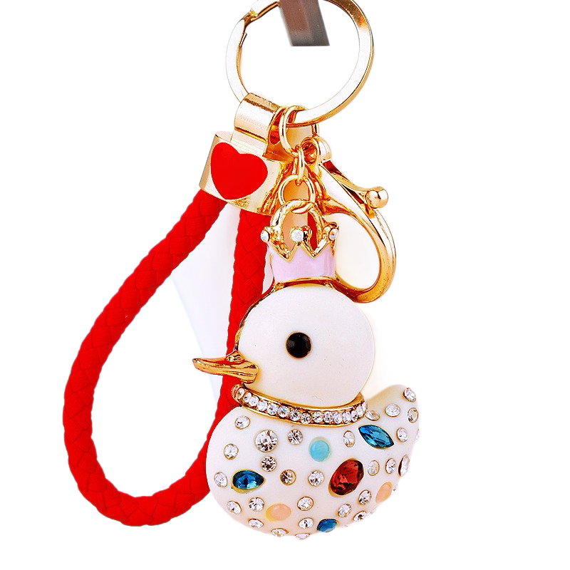 White Rhinestone Duck Keychain with Crown - Cute Resin Duck Bag Charm and Car