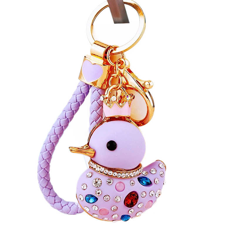 Purple Rhinestone Duck Keychain with Crown - Cute Resin Duck Bag Charm and Car