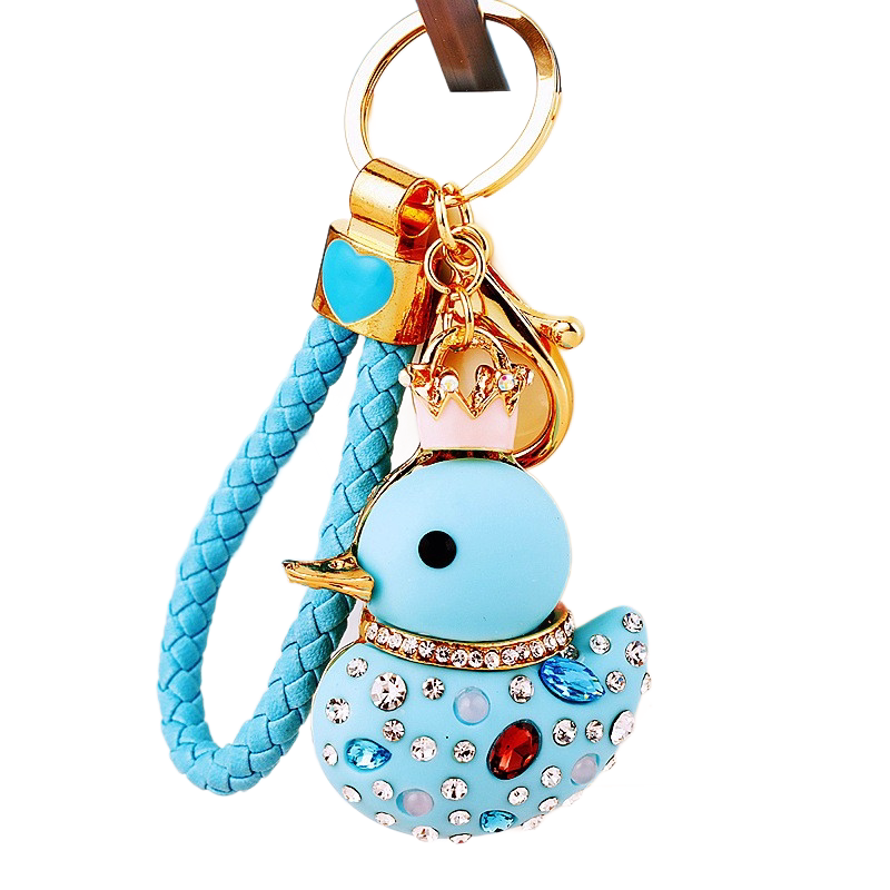 Blue Rhinestone Duck Keychain with Crown - Cute Resin Duck Bag Charm and Car