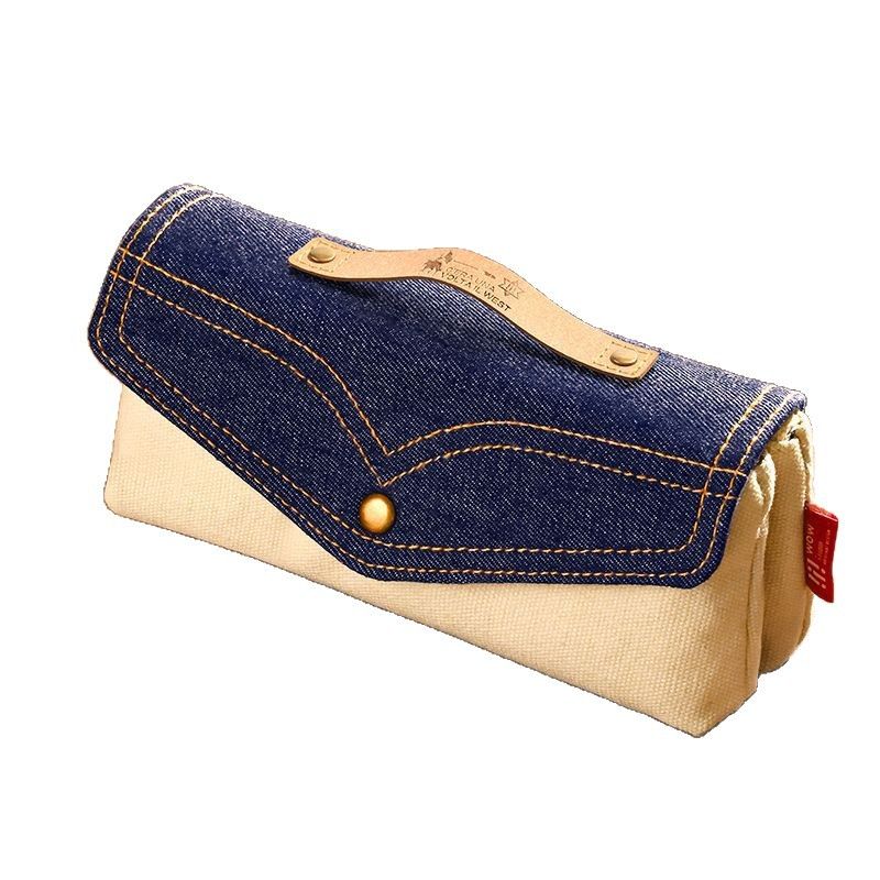 Blue Vintage Denim Pencil Case - Large Capacity Canvas Pen Holder with Double