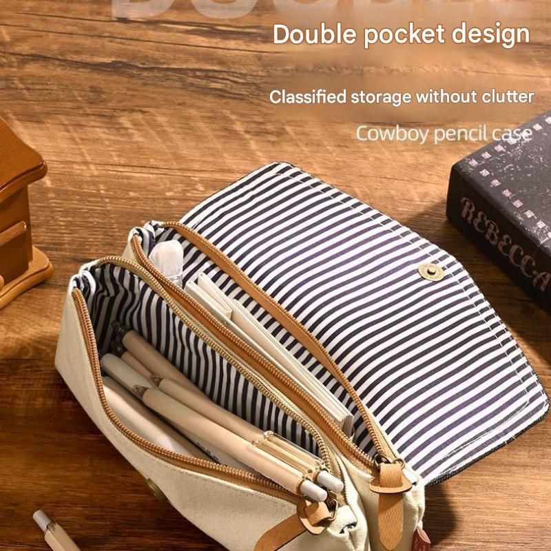 Blue Vintage Denim Pencil Case - Large Capacity Canvas Pen Holder with Double view 2
