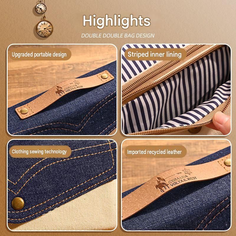 Blue Vintage Denim Pencil Case - Large Capacity Canvas Pen Holder with Double view 3