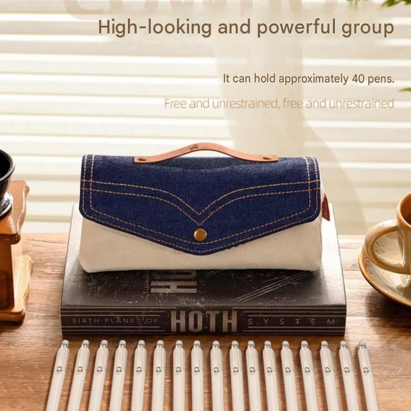 Blue Vintage Denim Pencil Case - Large Capacity Canvas Pen Holder with Double view 7