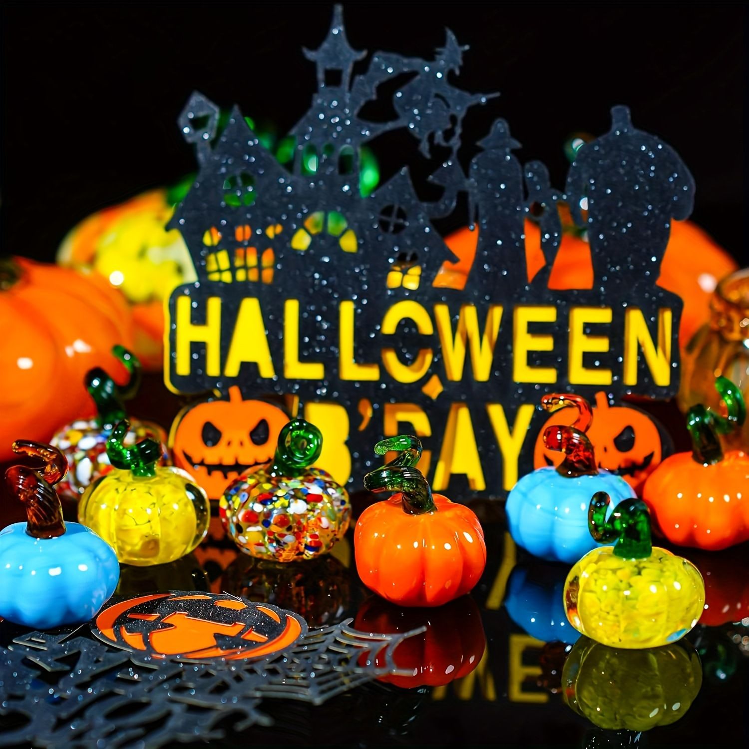 4 piece Glass Pumpkin Figurines - Mini 3.1cm Autumn Halloween Table Decor view 5