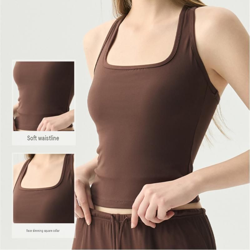 Brown Size M Women's Seamless Racerback Yoga Tank Top with Built-in Pads view 3