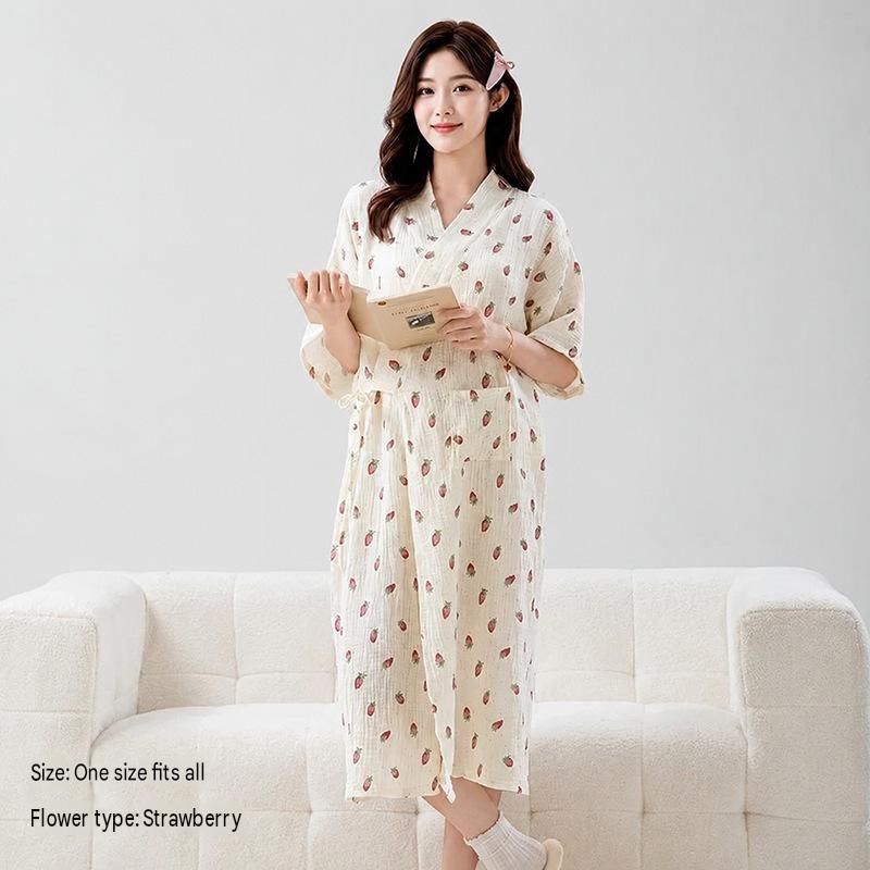 Women's Lightweight Muslin Bath Robe（Strawberry print） - Breathable Cotton