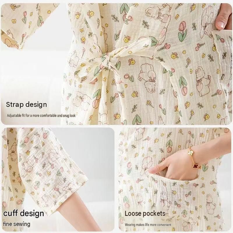 Women's Lightweight Muslin Bath Robe（Strawberry print） - Breathable Cotton view 5
