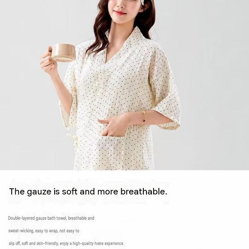 Women's Lightweight Muslin Bath Robe（Strawberry print） - Breathable Cotton view 6