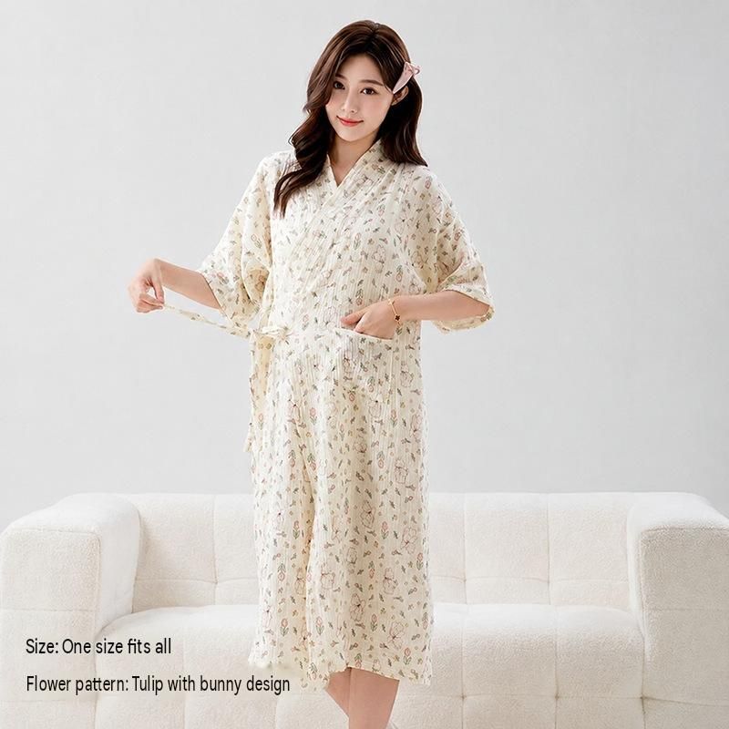 Women's Lightweight Muslin Bath Robe（Rabbit print） - Breathable Cotton Gauze
