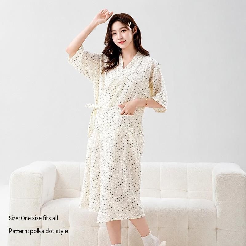 Women's Lightweight Muslin Bath Robe（Polka-dot print） - Breathable Cotton