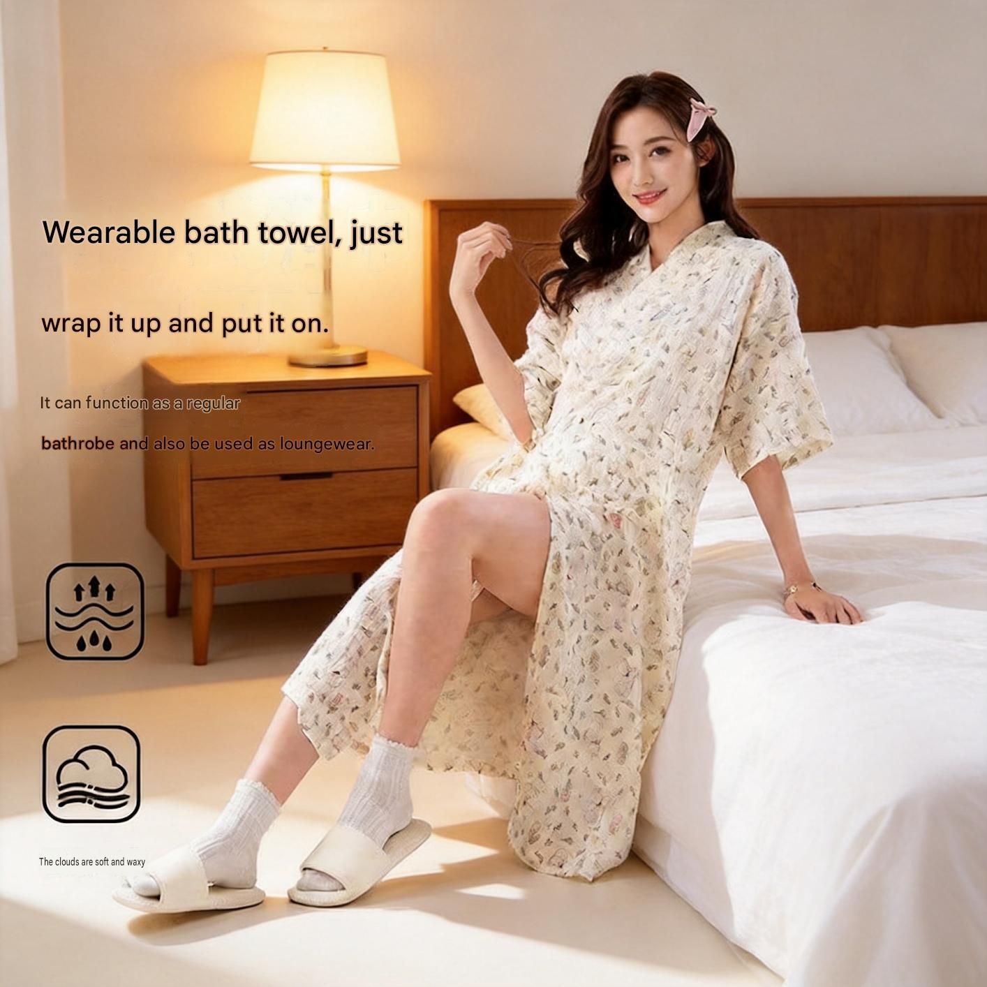 Women's Lightweight Muslin Bath Robe（Polka-dot print） - Breathable Cotton view 2