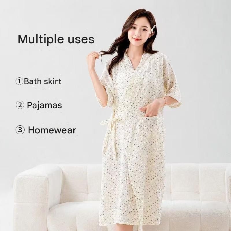 Women's Lightweight Muslin Bath Robe（Polka-dot print） - Breathable Cotton view 4