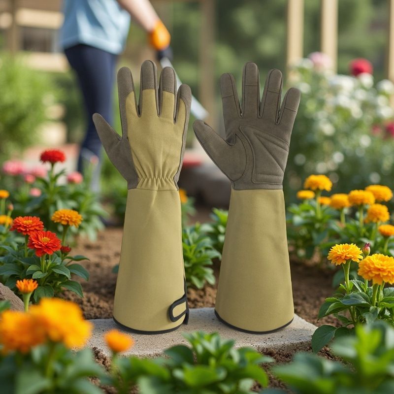 Dark green Long Cuff Anti-Thorn Gardening Gloves - Wear-Resistant Polyester view 2