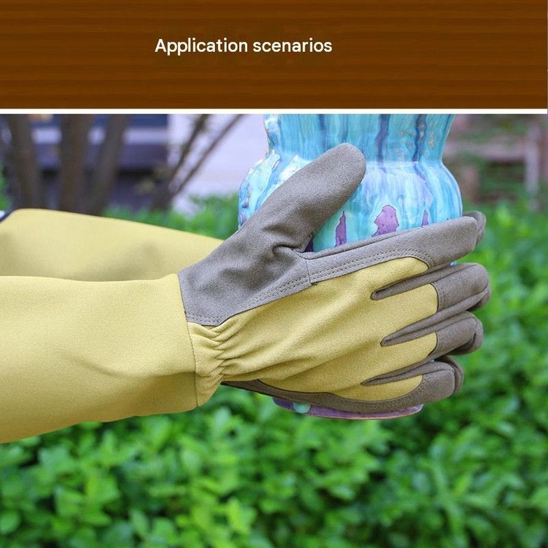 Dark green Long Cuff Anti-Thorn Gardening Gloves - Wear-Resistant Polyester view 4