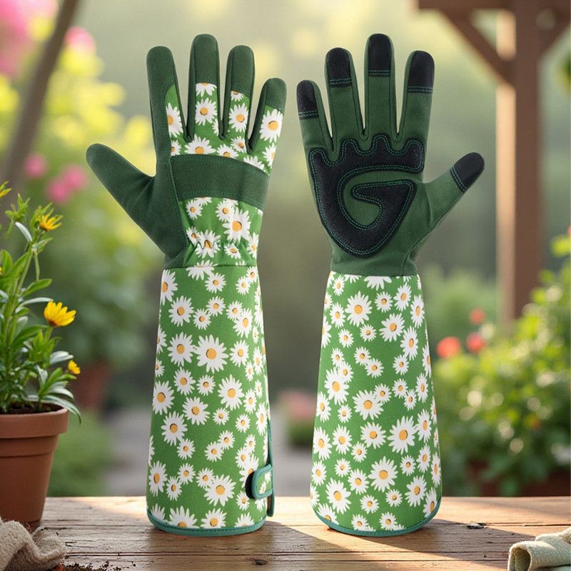 Daisy print Green Long Sleeve Gardening Gloves with Touchscreen Fingertips view 2