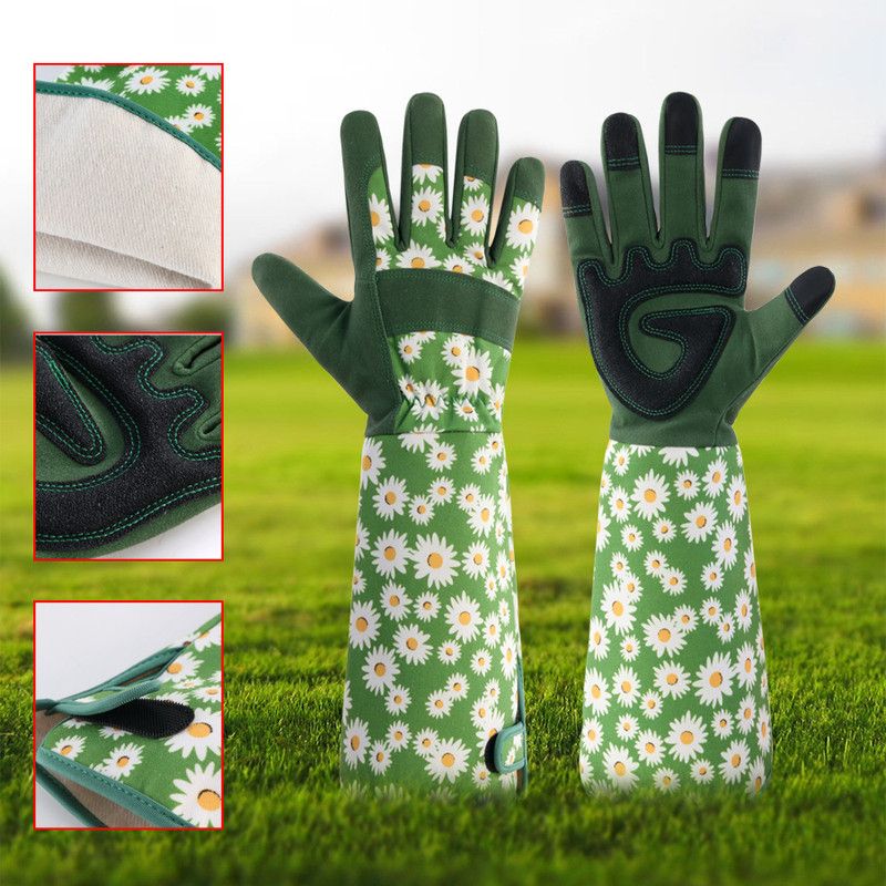Daisy print Green Long Sleeve Gardening Gloves with Touchscreen Fingertips view 3