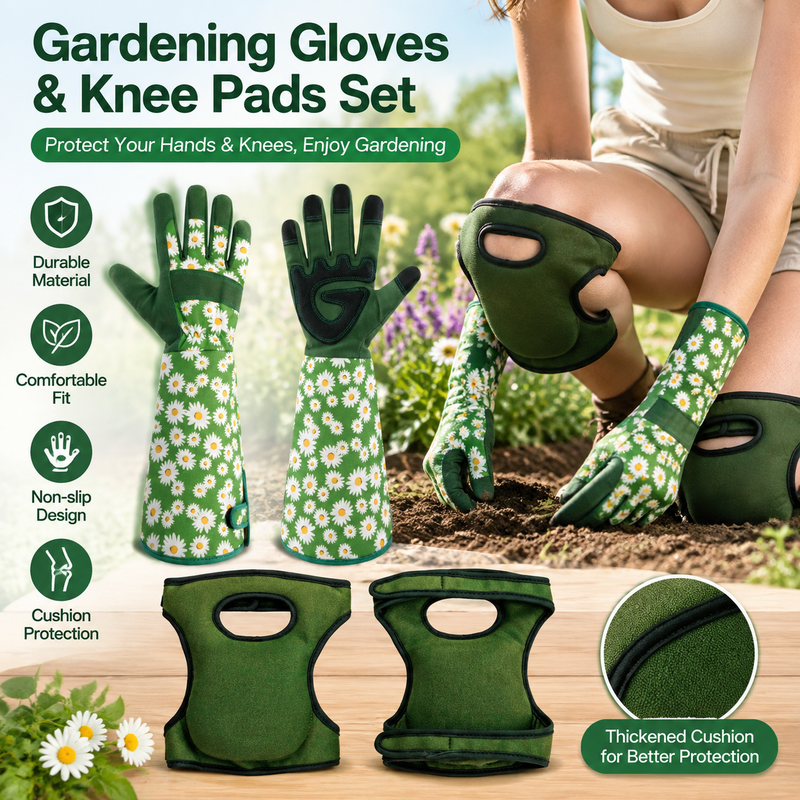 Green Garden Knee Pads and Gardening Gloves Set - Adjustable Neoprene Knee view 2