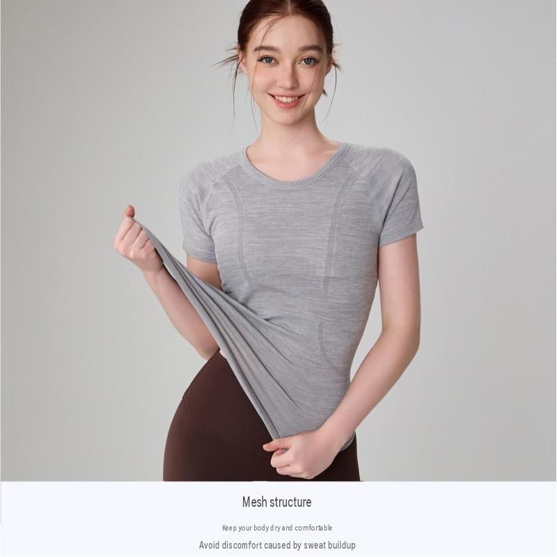 Grey S size Seamless Yoga Top Women - Lightweight Nylon Short Sleeve Workout view 2