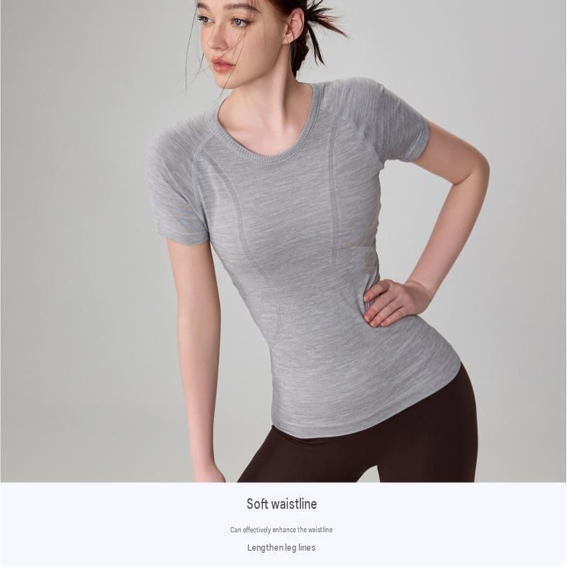 Grey S size Seamless Yoga Top Women - Lightweight Nylon Short Sleeve Workout view 3