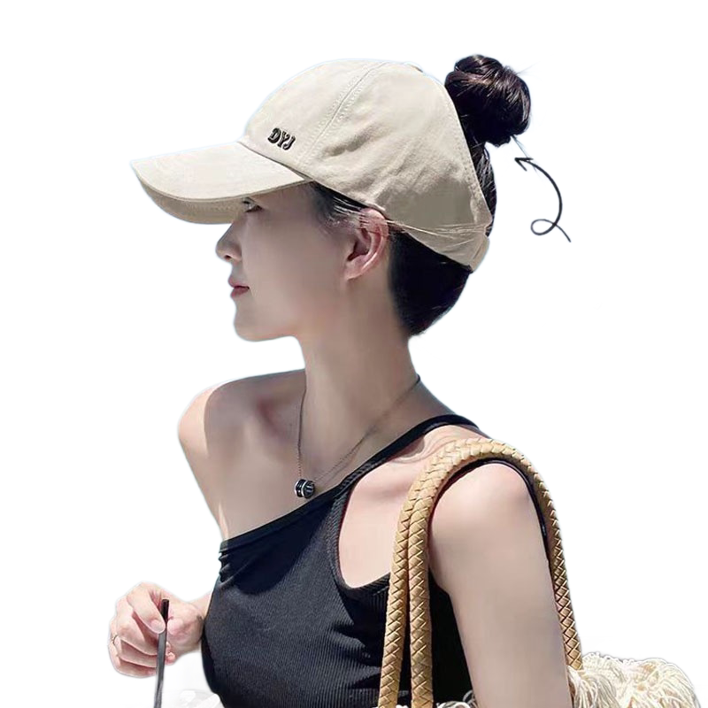 Beige Women's Ponytail Baseball Cap - Adjustable Open Top Visor with Wide Brim