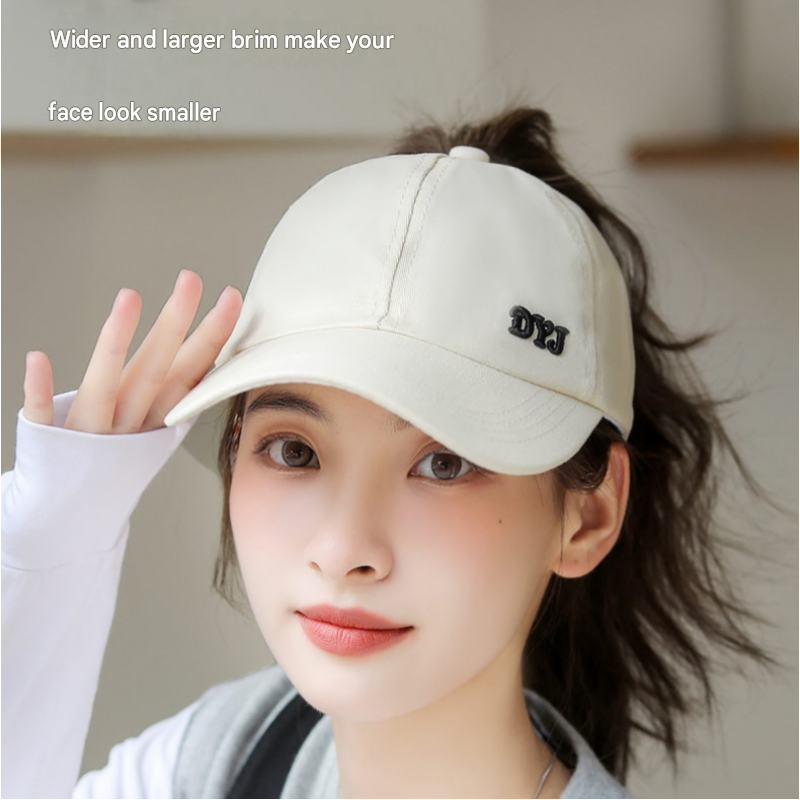 Beige Women's Ponytail Baseball Cap - Adjustable Open Top Visor with Wide Brim view 4