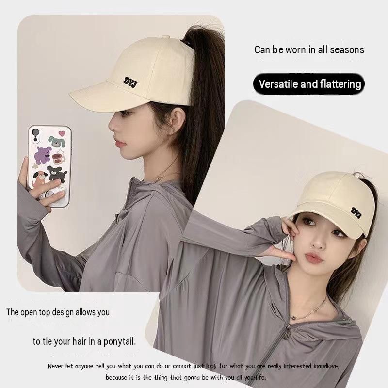 Beige Women's Ponytail Baseball Cap - Adjustable Open Top Visor with Wide Brim view 7