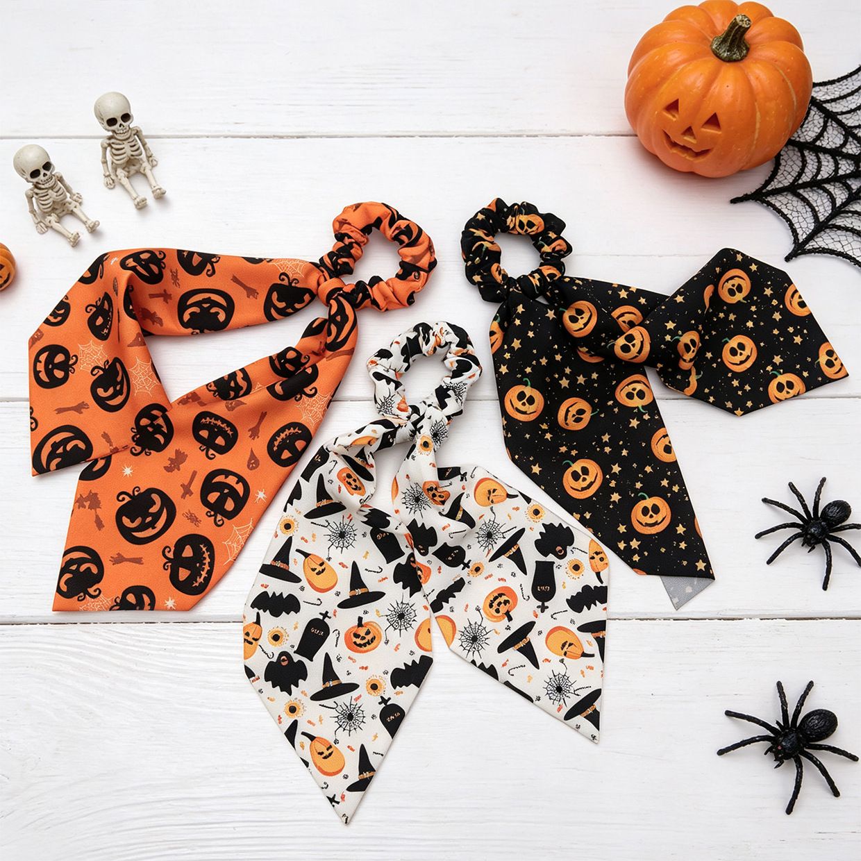 Orange Halloween Hair Ties 3 Pack - Festive Pumpkin and Ghost Print Ribbon view 2