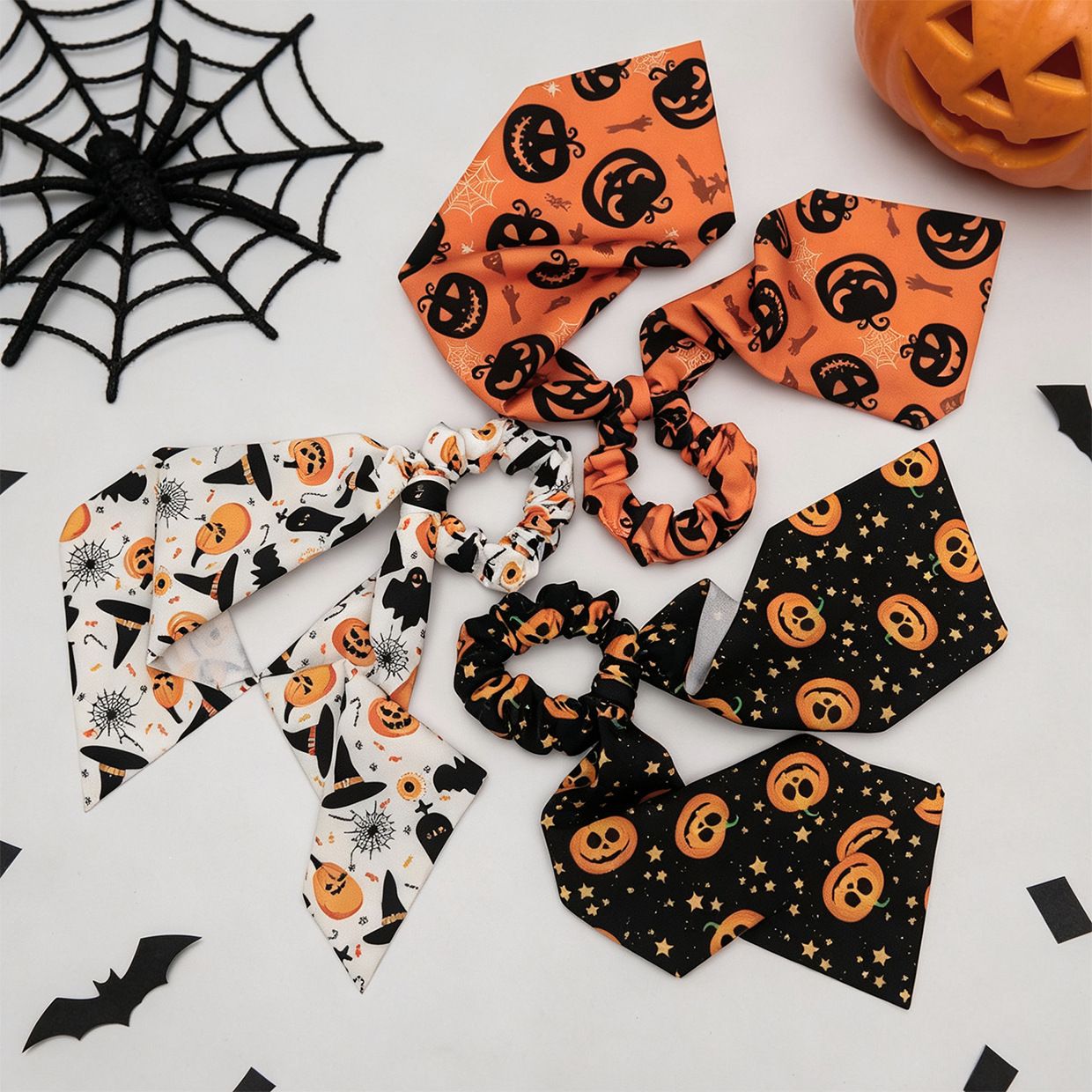 Orange Halloween Hair Ties 3 Pack - Festive Pumpkin and Ghost Print Ribbon view 3