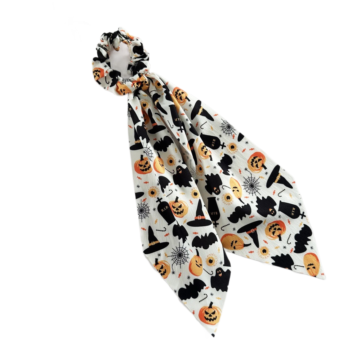 White Halloween Hair Ties 3 Pack - Festive Pumpkin and Ghost Print Ribbon