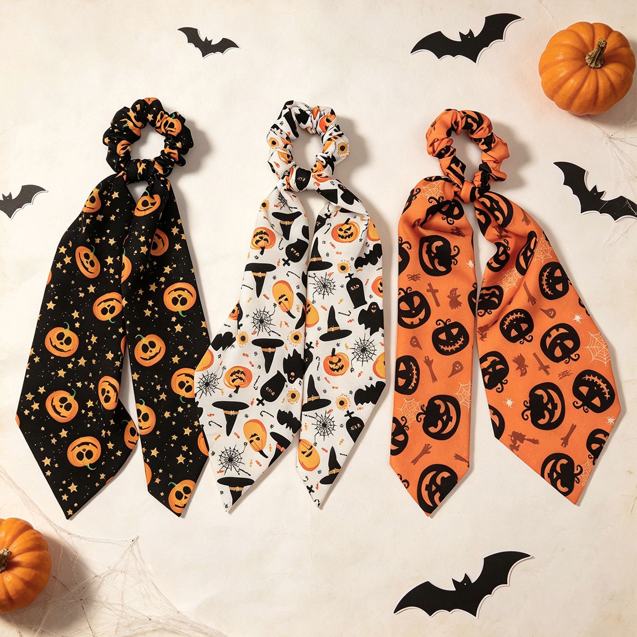 White Halloween Hair Ties 3 Pack - Festive Pumpkin and Ghost Print Ribbon view 4