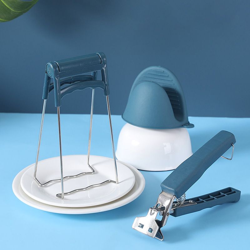 Kitchen Bowl and Plate Lifter Set - 3 Piece Blue Set with Gloves view 2