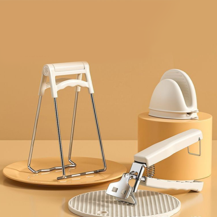 Kitchen Bowl and Plate Lifter Set - 3 Piece White Set with Gloves view 2