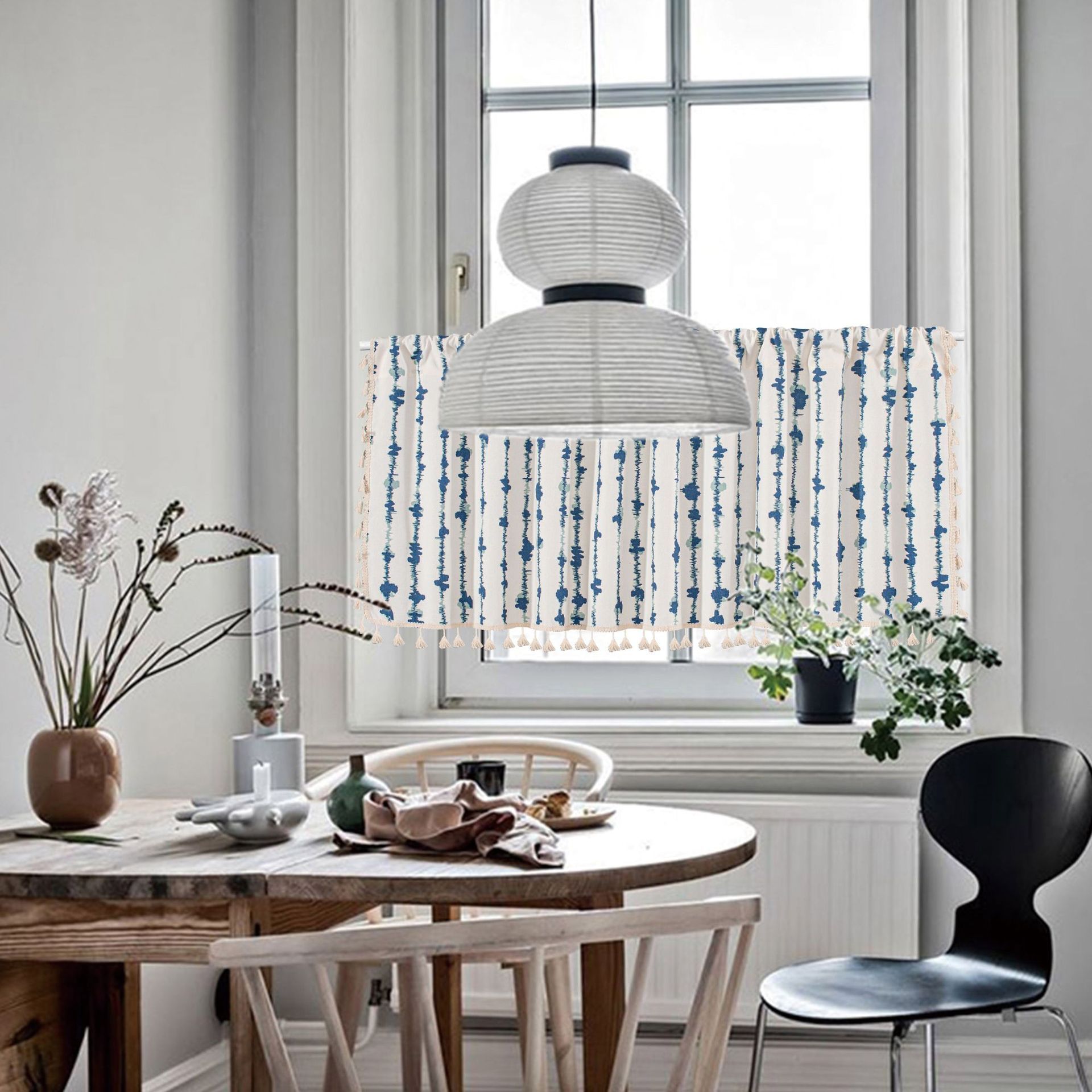 Blue Striped Cafe Curtain - 150 x 60 cm Cotton Linen Half Window Curtain with view 3