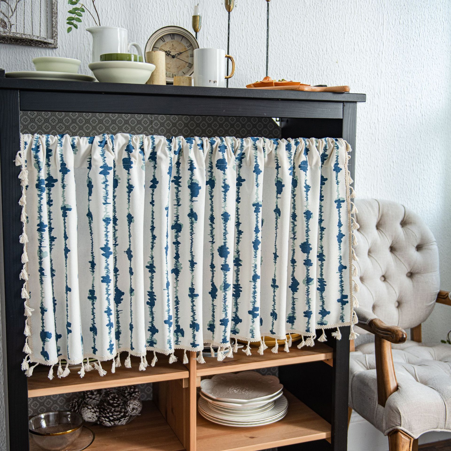 Blue Striped Cafe Curtain - 150 x 91 cm Cotton Linen Half Window Curtain with view 2