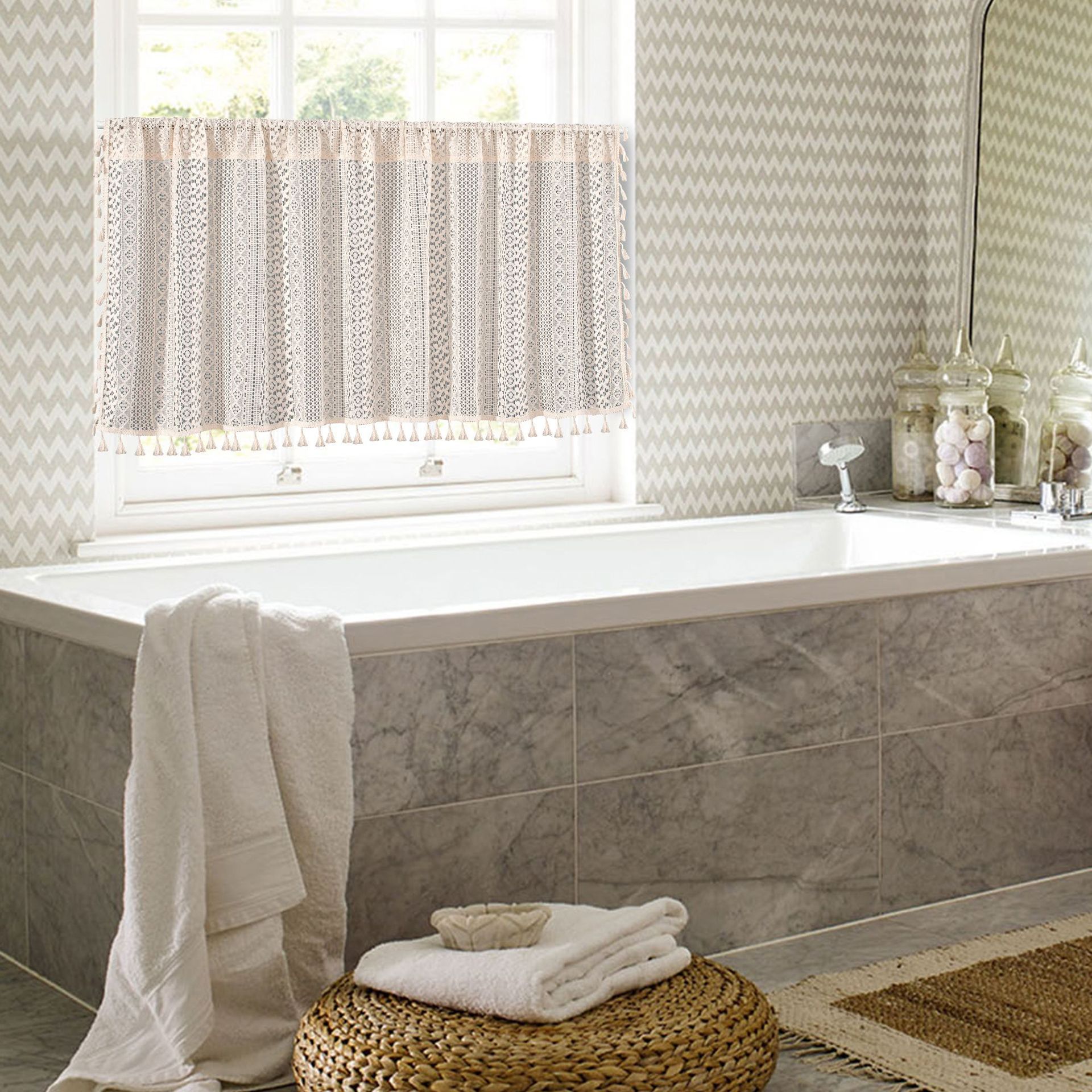 Beige Lace Cafe Curtain - 150 x 60 cm Cotton Linen Half Window Curtain with view 6