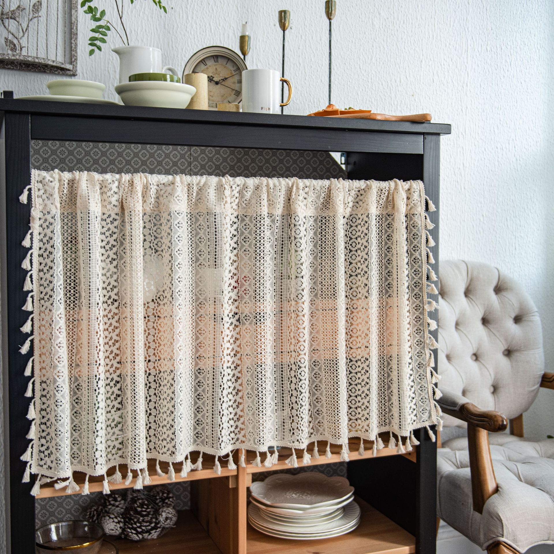 Beige Lace Cafe Curtain - 150 x 91 cm Cotton Linen Half Window Curtain with view 2