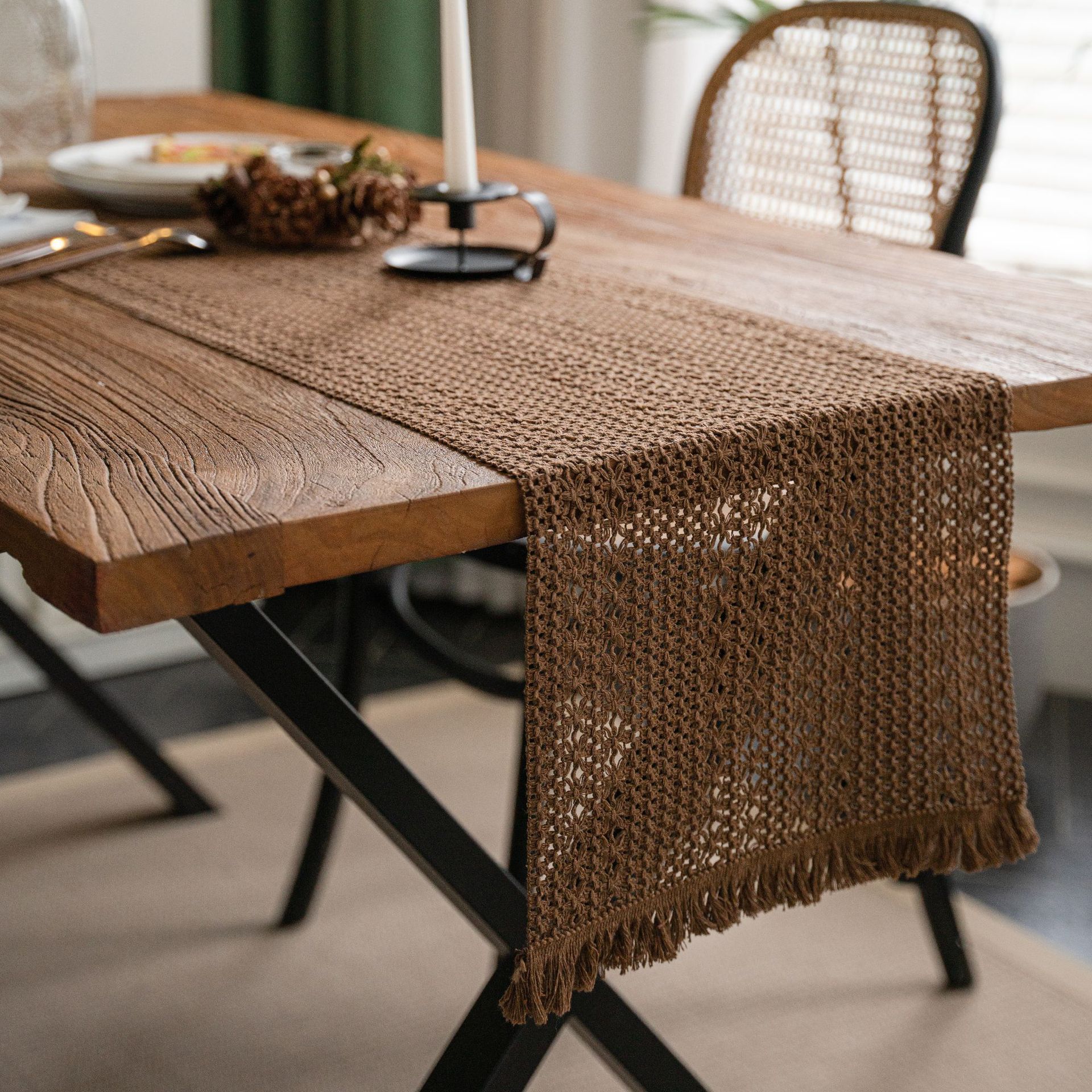 Khaki Woven Table Runner - 30 x 160 cm Natural Jute and Cotton Rope Table